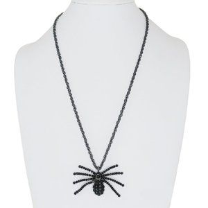 Antique Silver Tone Black Rhinestone Spider Pendant Necklace 26”